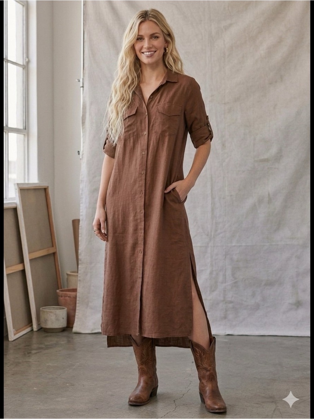 BELLA DAHL MESA Frayed Hem Slit Brown Roll Tab Sleeve MAXI Edgy SHIRT Dress XS